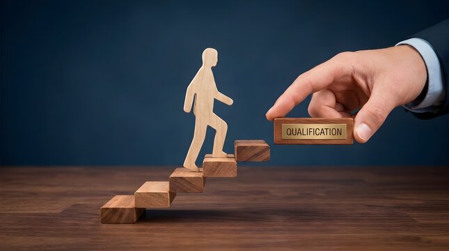 Professional qualification and career development concept with hand building a staircase for employee advancement