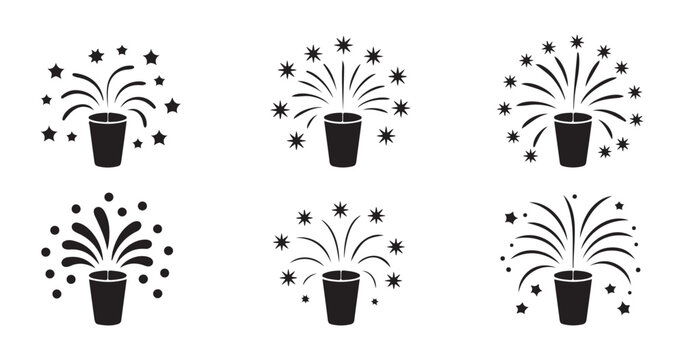 Group of black fireworks fountain icons isolated on transparent background for event celebration design.