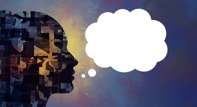 Abstract silhouette of a human head with a thought bubble, representing ideas and imagination.