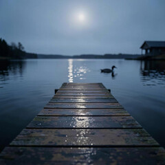 Obraz premium Wooden Dock Leading to Calm Lake at Dusk with Duck and Glowing Moon Reflection