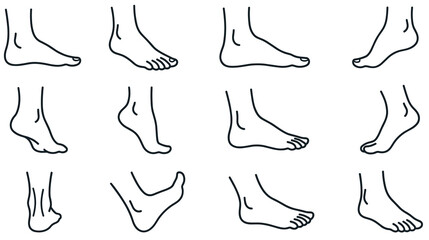 Fototapeta premium Collection of various human foot poses line drawing vector illustration set.