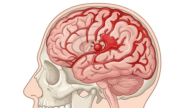 Brain aneurysm medical illustration, cerebral hemorrhage and stroke diagram, human skull with bleeding brain artery vector, neurology healthcare asset