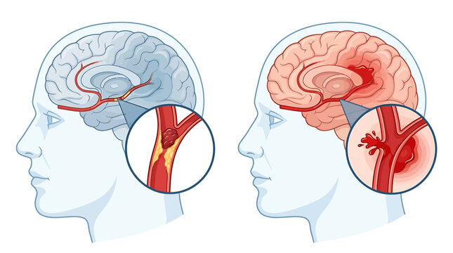 Medical brain stroke diagram showing ischemic and hemorrhagic types, human head anatomy with cerebral artery blockage and brain hemorrhage, vector illustration
