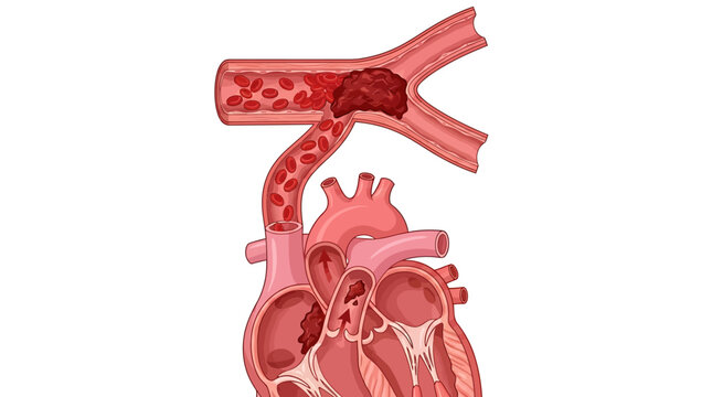 Medical illustration of pulmonary embolism, blood clot in lung artery and human heart anatomy, circulatory system disease vector