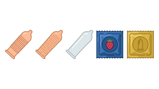 Latex condom icons set with textured and flavored varieties, flat vector illustrations of contraceptive packaging and ribbed protection for safe sex