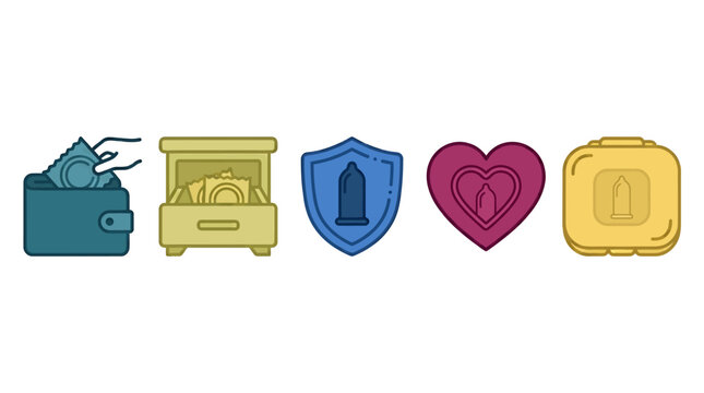 Safe sex condom icon set, sexual health and protection symbols, flat vector illustrations for reproductive healthcare and education