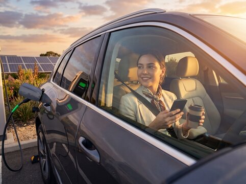 Smiling young professional businesswoman sitting in the driver's seat of her electric car, holding a coffee cup and smartphone while charging at a solar station.