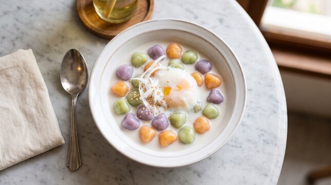 Thai sweet dessert Bua Loi with colorful rice balls and coconut milk in a bowl.