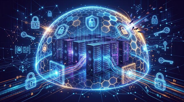 Futuristic cybersecurity concept showing server racks protected by a digital shield with padlocks and keys, representing data privacy and network security technology