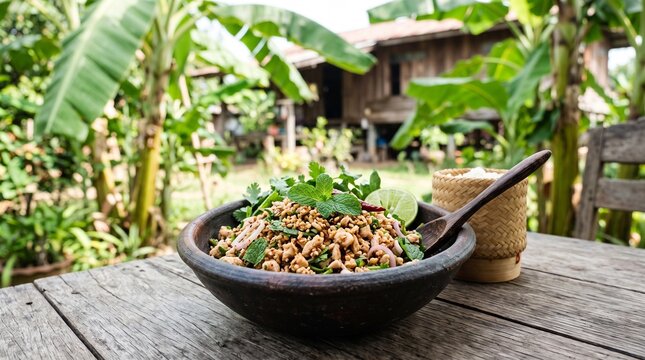 Traditional Thai minced meat salad larb served in a rustic bowl on a wooden table outdoors.