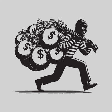 Black and white illustration of a masked burglar running away with stolen money bags.