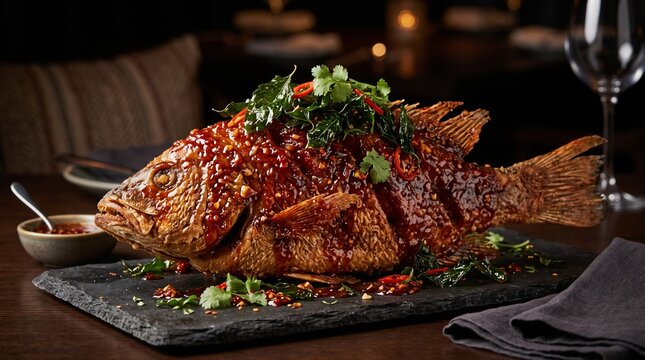 Crispy whole fried fish with sweet chili sauce and fresh herbs on a slate platter.
