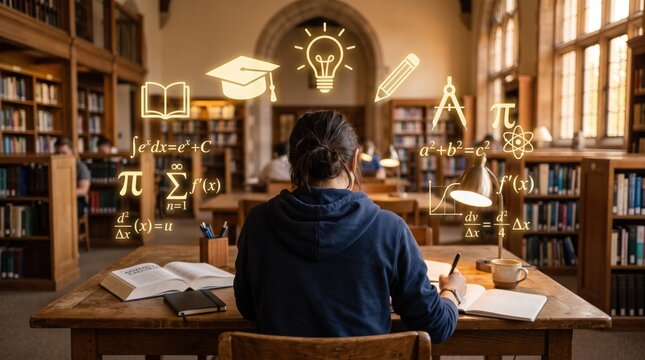 Student studying at wooden desk in library with books and glowing mathematical formulas and education symbols floating above head