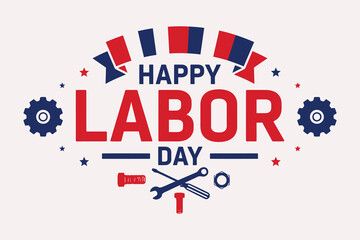 Fototapeta premium Happy labor day typography design with industrial tools and gear graphic elements for celebration.