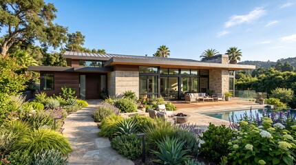 Fototapeta premium Modern house with garden and swimming pool in sunny day