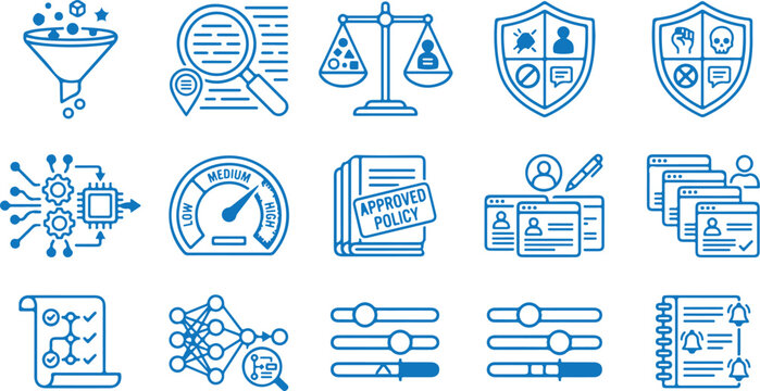 Artificial intelligence content moderation algorithmic fairness and risk management compliance linear vector icon set