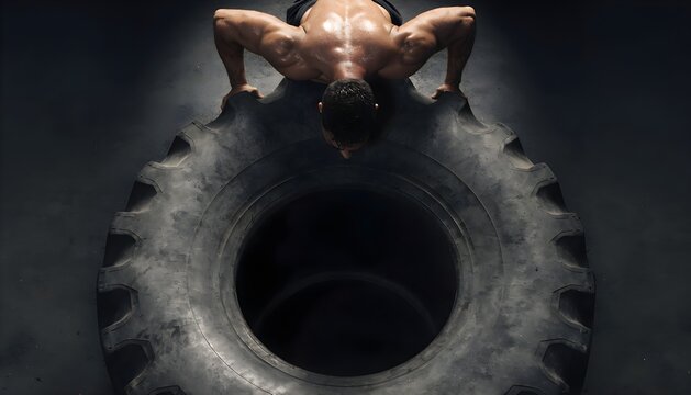 A display of raw power and unyielding determination as a muscular man performs challenging push-ups on a rugged training tire, pushing the boundaries of physical strength in an intense workout session