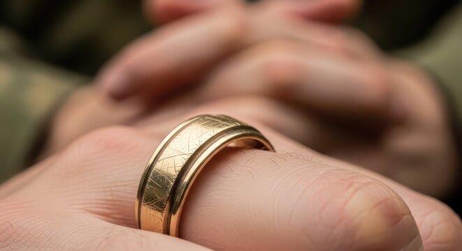 Close-up macro shot of a worn gold wedding ring on a finger, symbolizing commitment and enduring love, with hands clasped in prayer or contemplation.
