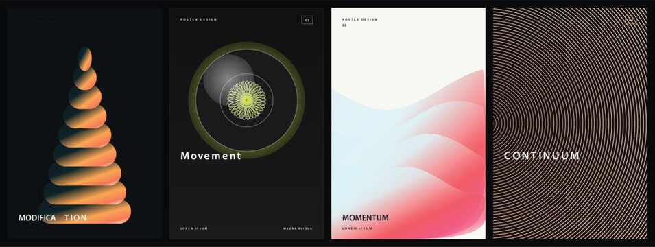 Abstract minimalist poster collection, set of 4 modern vector covers with movement and momentum themes, contemporary geometric art layouts