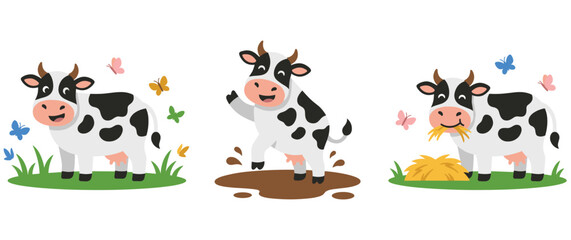 Fototapeta premium Cute cartoon cows vector illustration set in different poses and activities.