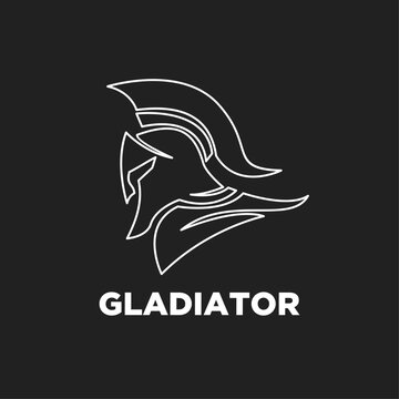 Gladiator Helmet Logo Icon, Minimalist White Line Art Outline Design on Black Background with Text