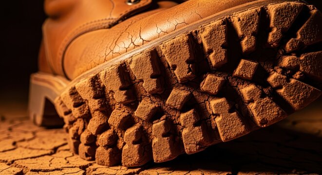 Close-up Macro Shot of Durable Brown Work Boot Sole Covered in Dry Earth on Cracked Ground