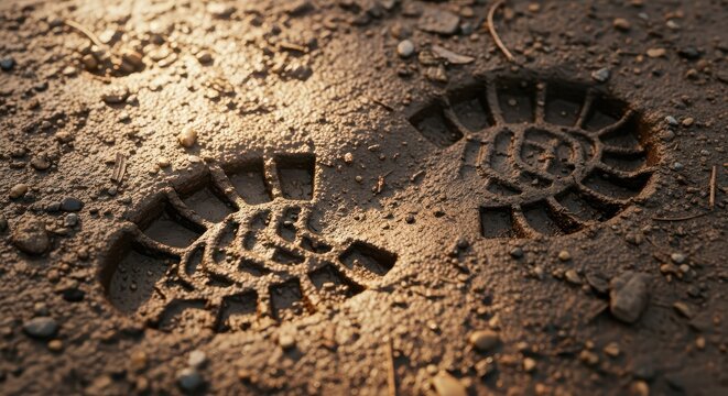 Close-up of a boot print impression left in textured, dry dirt ground with small pebbles, highlighting tread pattern
