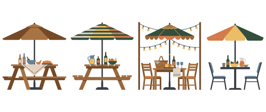 Outdoor picnic tables with umbrellas food drinks and seating arrangements.