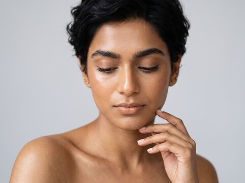 Closeup portrait of a beautiful young woman with short dark hair and glowing skin looking down, studio shot