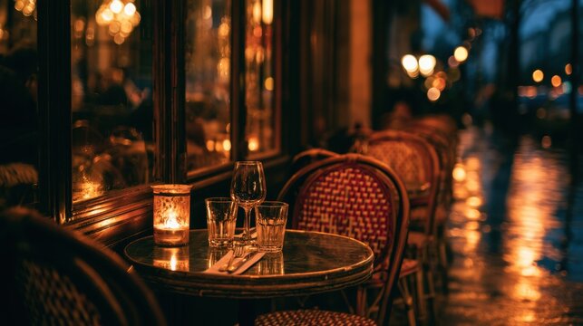 Parisian Cafe at Dusk: A cozy Parisian cafe table set for two, bathed in the warm glow of candlelight and reflected streetlights on wet cobblestones, inviting romantic ambiance.