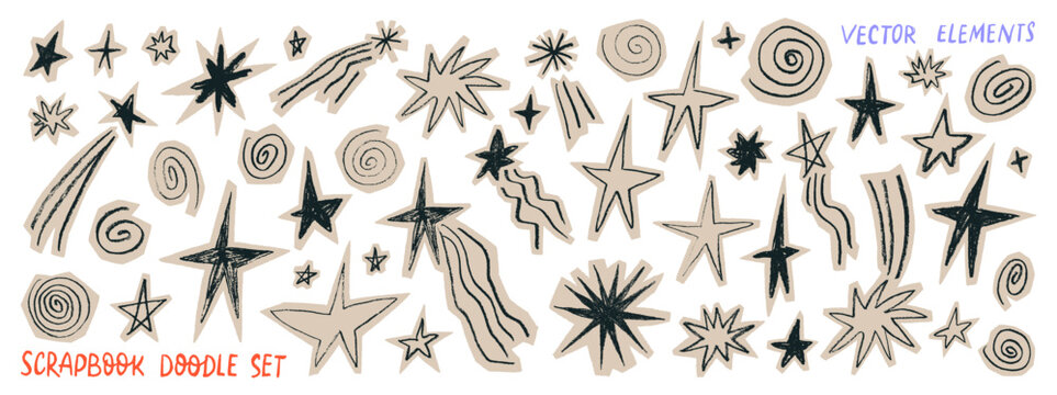 Vintage scrapbook stars stickers and swirls paper scraps. Cute crayon star doodle vector sticker set for social planners, notes and diary. Journal or magazine scrapbook collage design clipart.
