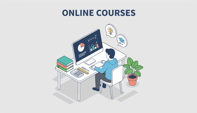 Professional online learning environment with a student at a desk using a computer for virtual educational courses.
