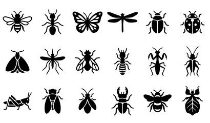Minimal Black Insect Icon Collection Vector with Common Bug Silhouettes © Md