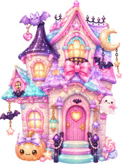 Fototapeta premium A whimsical pink and purple haunted house decorated with bats ghosts and candy