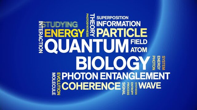 Quantum Biology animated word cloud-text design animation tag kinetic typography seamless loop.
