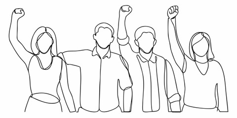 Obraz premium victory gesture group line art people celebration minimalist black white silhouette continuous drawing