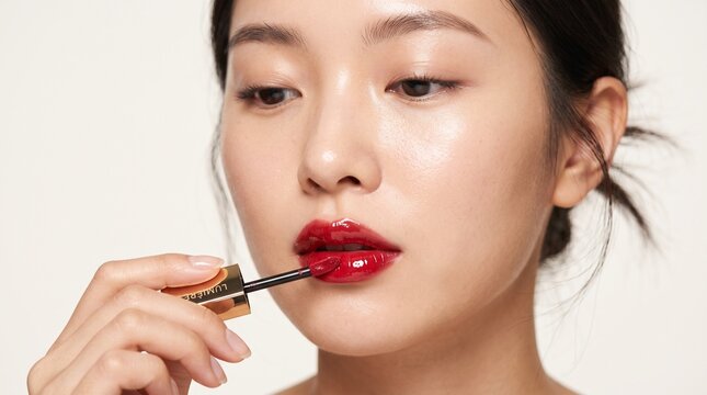 Detailed close-up photo of a young East Asian woman applying bright red liquid lipstick with a applicator brush onto her bottom lip.