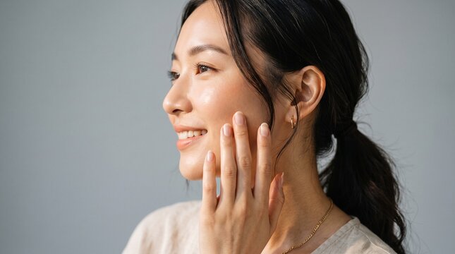 Side profile close-up portrait of a young East Asian woman with glowing skin, gently touching her cheek and smiling gracefully against a neutral gray background.