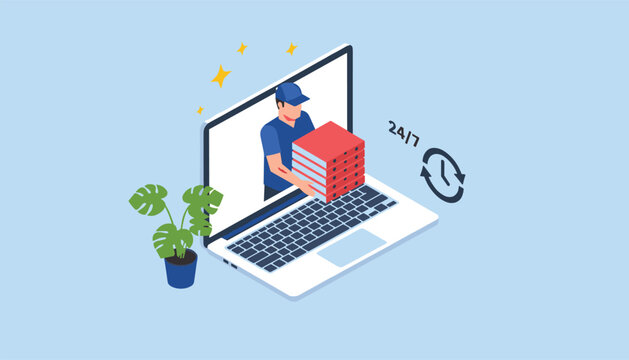 Online food delivery service concept showing a courier coming out of a laptop screen with a stack of pizza boxes and a 24/7 icon.