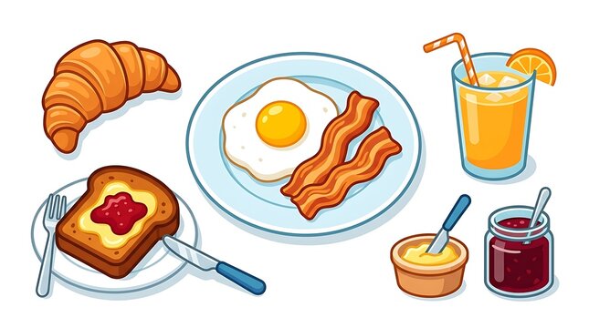A delicious continental breakfast set featuring crispy bacon fried eggs golden croissant orange juice toast jam on white background