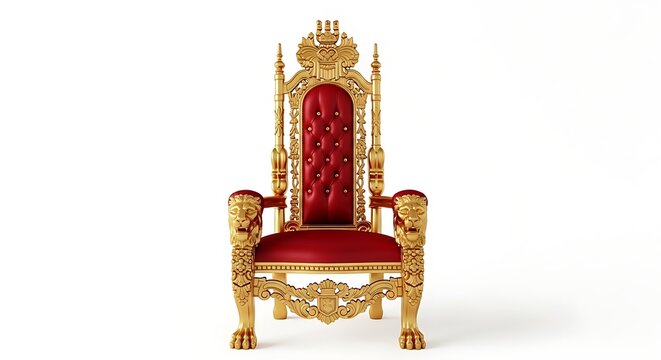 Ornate golden royal throne with red velvet. Luxurious king chair on white background.