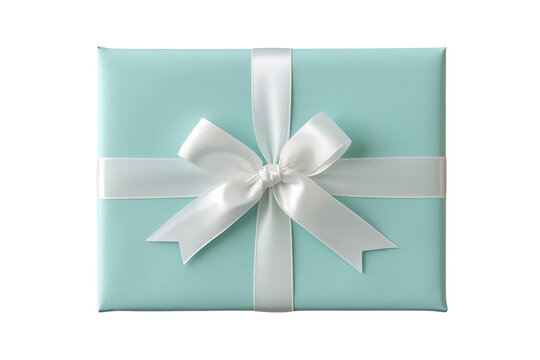 Mint gift box with white ribbon bow isolated