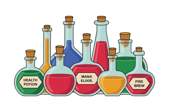 Assorted fantasy potion bottles with colorful liquids and labels for health mana and fire brew in rpg game interface and inventory assets