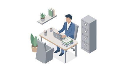 Fototapeta premium Isometric Businessman Working on Laptop at Office Desk