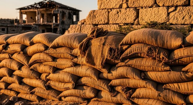 Fortification of sandbags and rubble wall with destroyed building in background at sunset