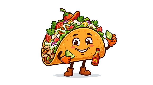 Cheerful cartoon taco character holding lime slices and a hot sauce bottle in a vibrant vector style illustration on white background