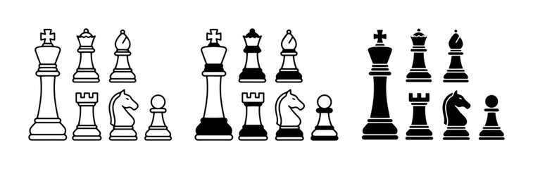 Chess Pieces Vector Icons, Strategic Game Icons, Black and White Silhouette Set, Strategy and Competition Icons © Laboni49