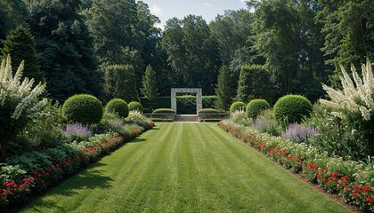 Obraz premium Formal garden landscape with stone archway. Beautiful park path with lush flower beds.