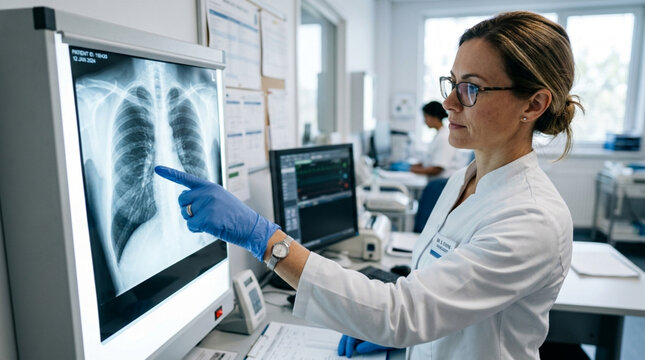 Doctor examining chest x-ray in clinic, pointing at screen with gloved finger