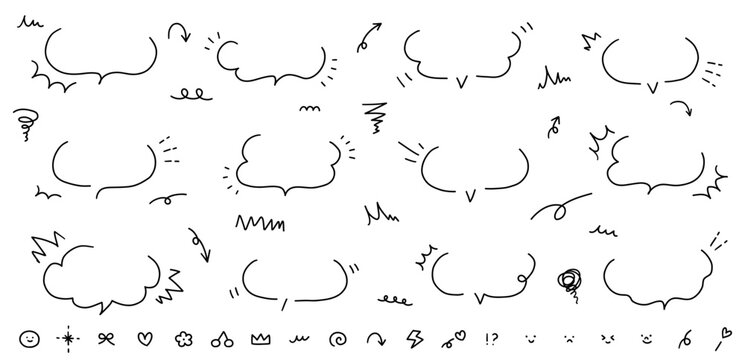 手書き風のシンプルな吹き出しと飾り素材のベクターイラストセット。フレーム、おしゃれ、落書き